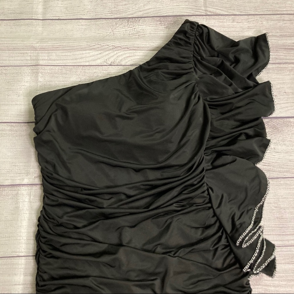 XOXO Ruffle One Shoulder Ruched Black Dress - Picture 2 of 9